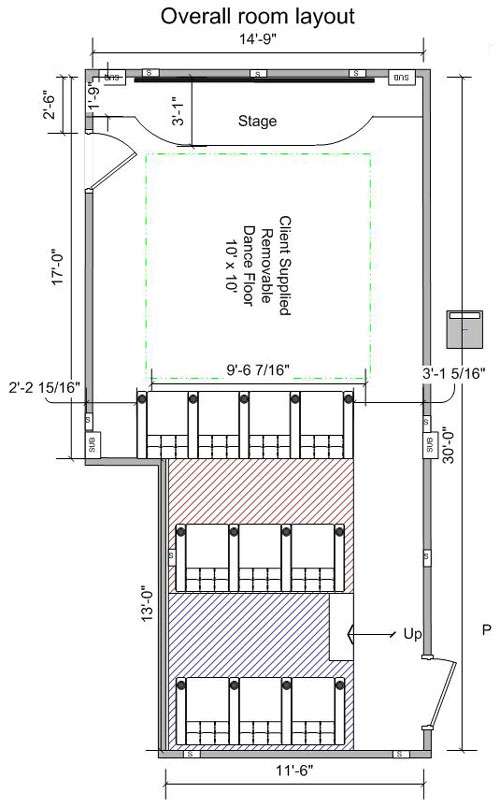 Floor plan of the Gorty home theater with a stage, dance floor, and 3 rows of seats