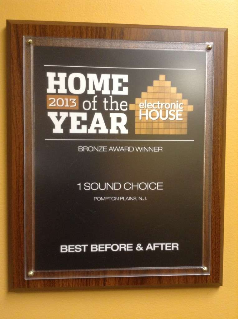 Electronic House 2013 Home of the Year plaque for 1 Sound Choice