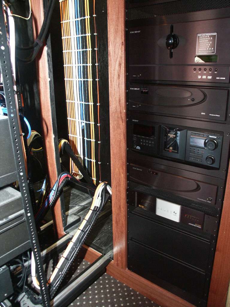 Neat equipment rack with labeled wiring in a closet