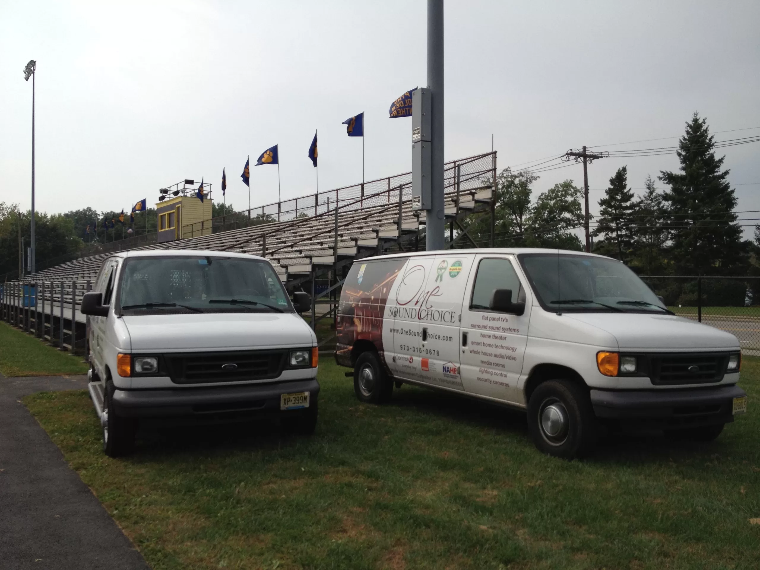 One Sound Choice team installing upgraded sound system for Pequannock High School football bleachers