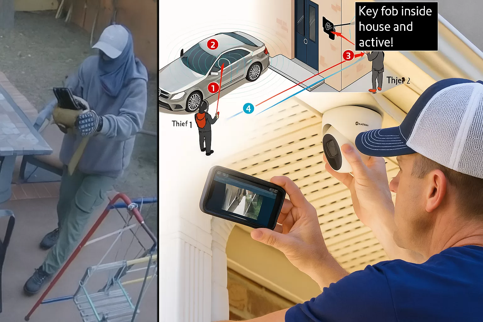 Burglar using Wi-Fi jammer, key fob cloning, and professional installer mounting a security camera