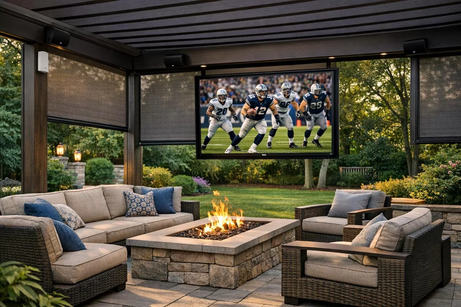 Outdoor television in a gazebo with motorized shades blocking afternoon sun