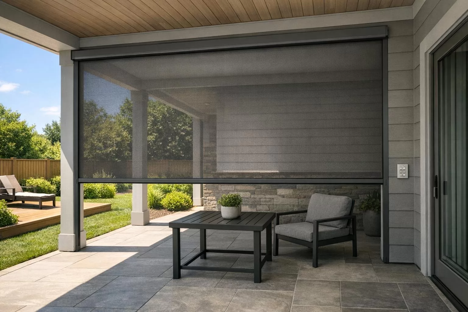 Outdoor motorized shade lowered on a covered patio