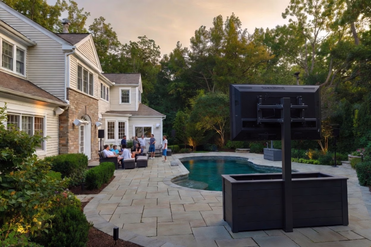 Outdoor living area designed for clear, even music around the patio and pool