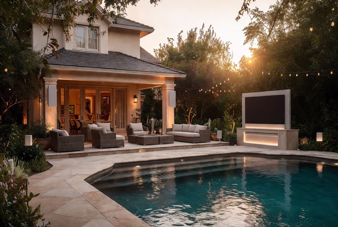 Outdoor living space designed for music, television, and simple backyard entertainment