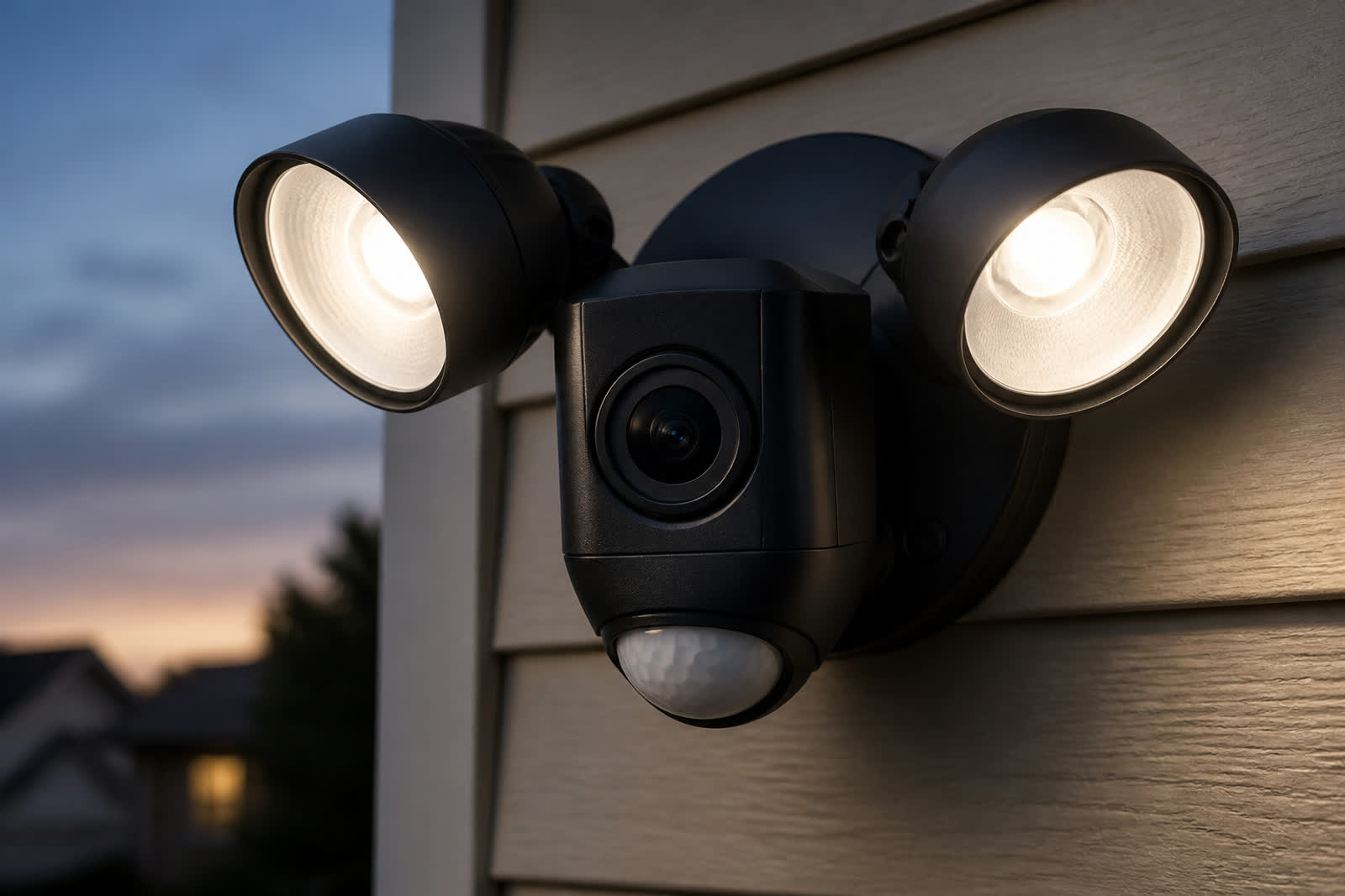Ring floodlight camera on the side of a house