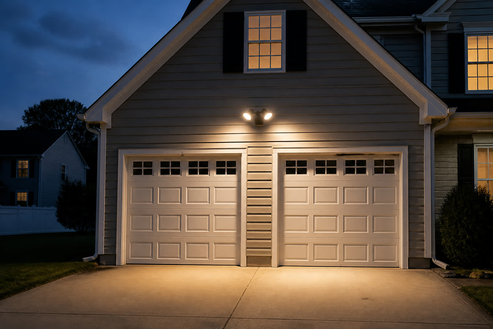 Floodlight camera over a two-car garage at dusk